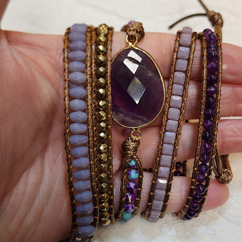 Boho Purple Wrap Bracelet Mixed Natural & Crystal Stone
